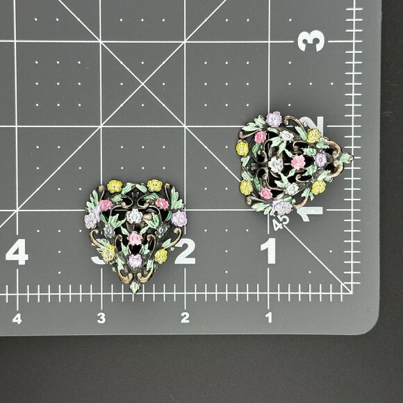 Vintage Silver Filigree Painted Flowers Heart Clip-on Earrings Puffy 1 3/8 - Picture 3 of 13